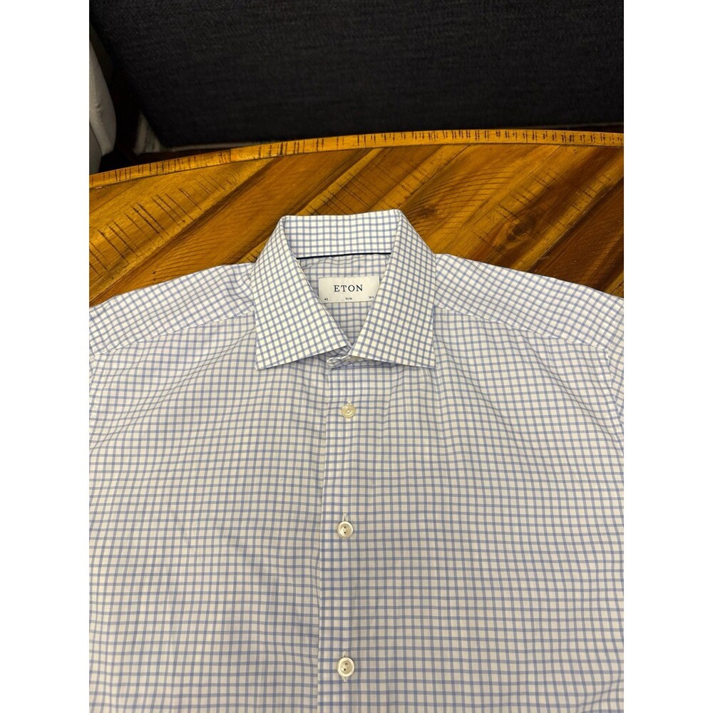 Eton Slim Fit Dress Shirt Men’s 16.5 White Blue Grid Check Business Casual